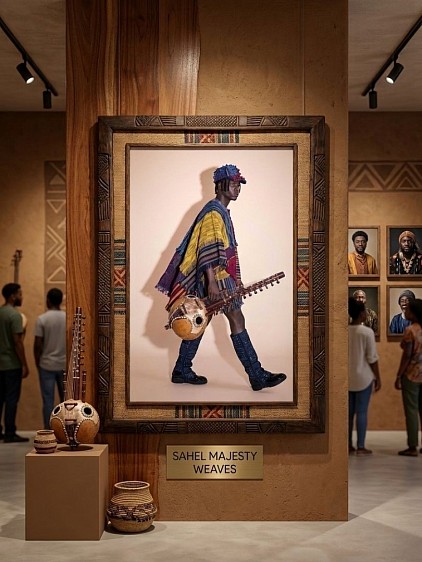 Digital Wall Art in a Cultural Community Centre (African man walking in custom, colorful Fugu-woven streetwear and boots)